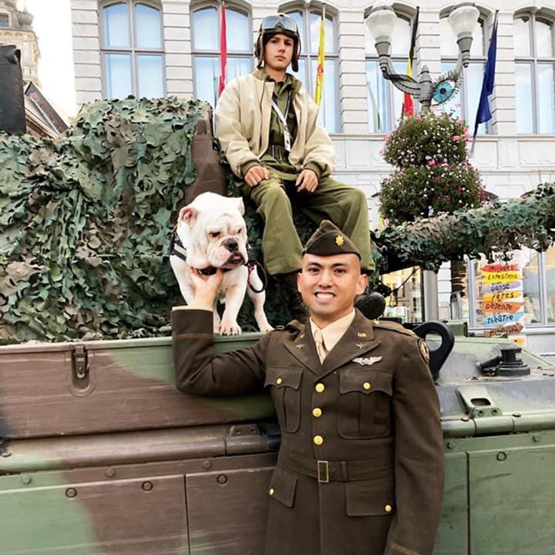 Lt. Col. CJ Wilkinson attends “Tanks in Mons,” an event commemorating the Allied powers’ liberation of Belgium after World War II, donning an original Army Air Forces uniform.